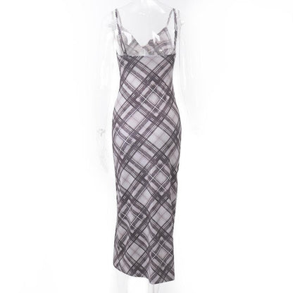Spaghetti Strap V Neck Tie Front Plaid Print Bodycon Maxi Dress