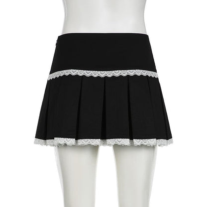 Lace hem pleated zip-up mini skirt