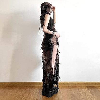 Distressed Layered Cowl Neck High Slit Sleeveless Maxi Dress