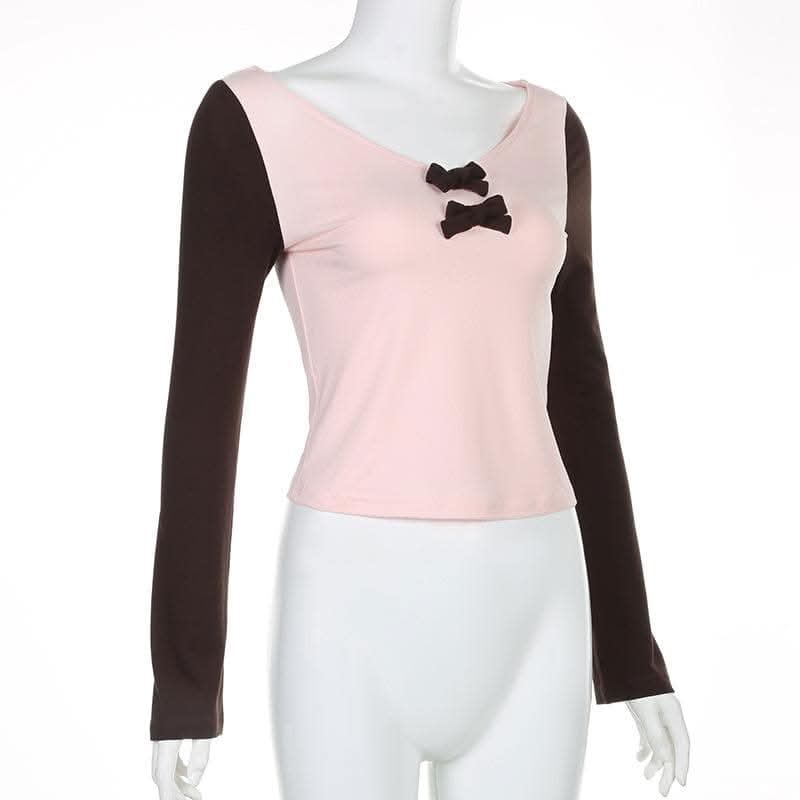 Bowknot contrast patchwork long sleeve v neck top-final-sale