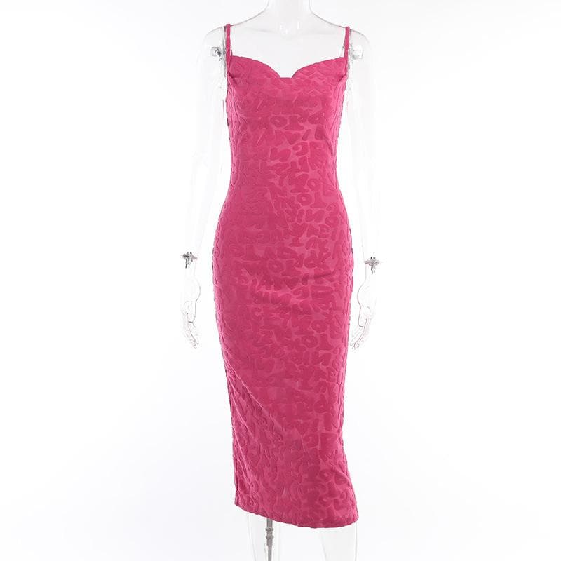 Sweetheart Neck Spaghetti Strap Embossed Letter Texture Bodycon Midi Dress