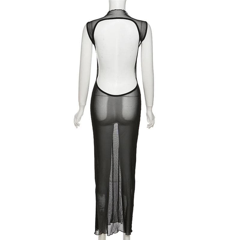 High Neck Vertical Panel Sheer Mesh Backless Maxi Dress