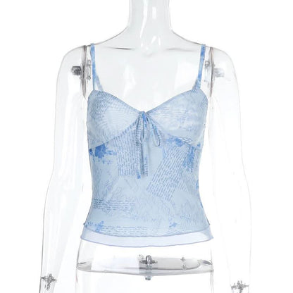 Mesh v neck print backless cami top