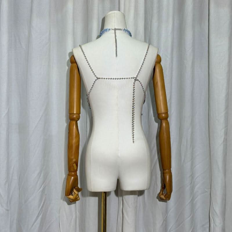 Halter beaded hollow out flower applique cami cut out top