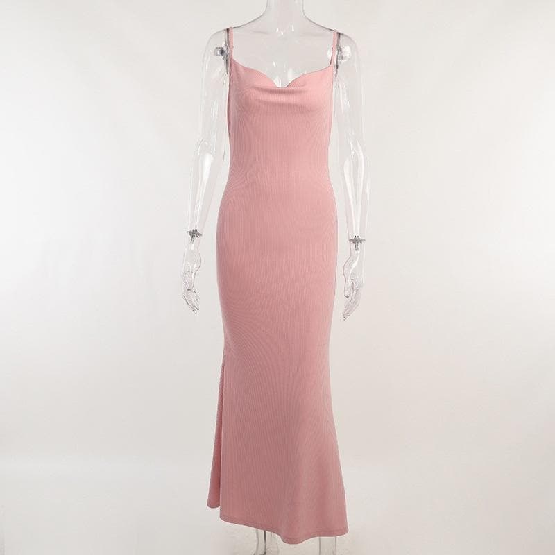 Ribbed Knit Spaghetti Strap Cowl Neck Bodycon Maxi Dress