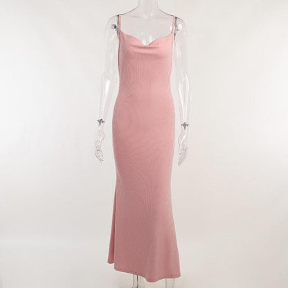 Ribbed Knit Spaghetti Strap Cowl Neck Bodycon Maxi Dress