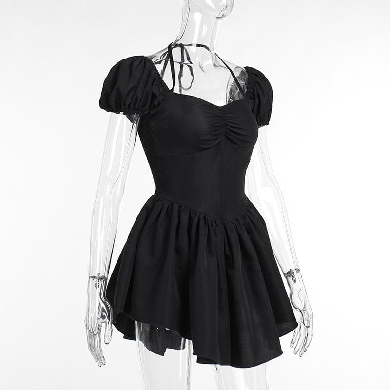 Short puff sleeve sweetheart neck ruched halter smocked mini dress