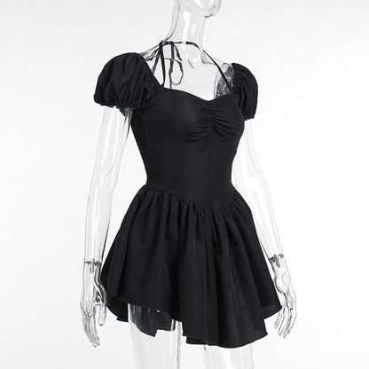 Short puff sleeve sweetheart neck ruched halter smocked mini dress