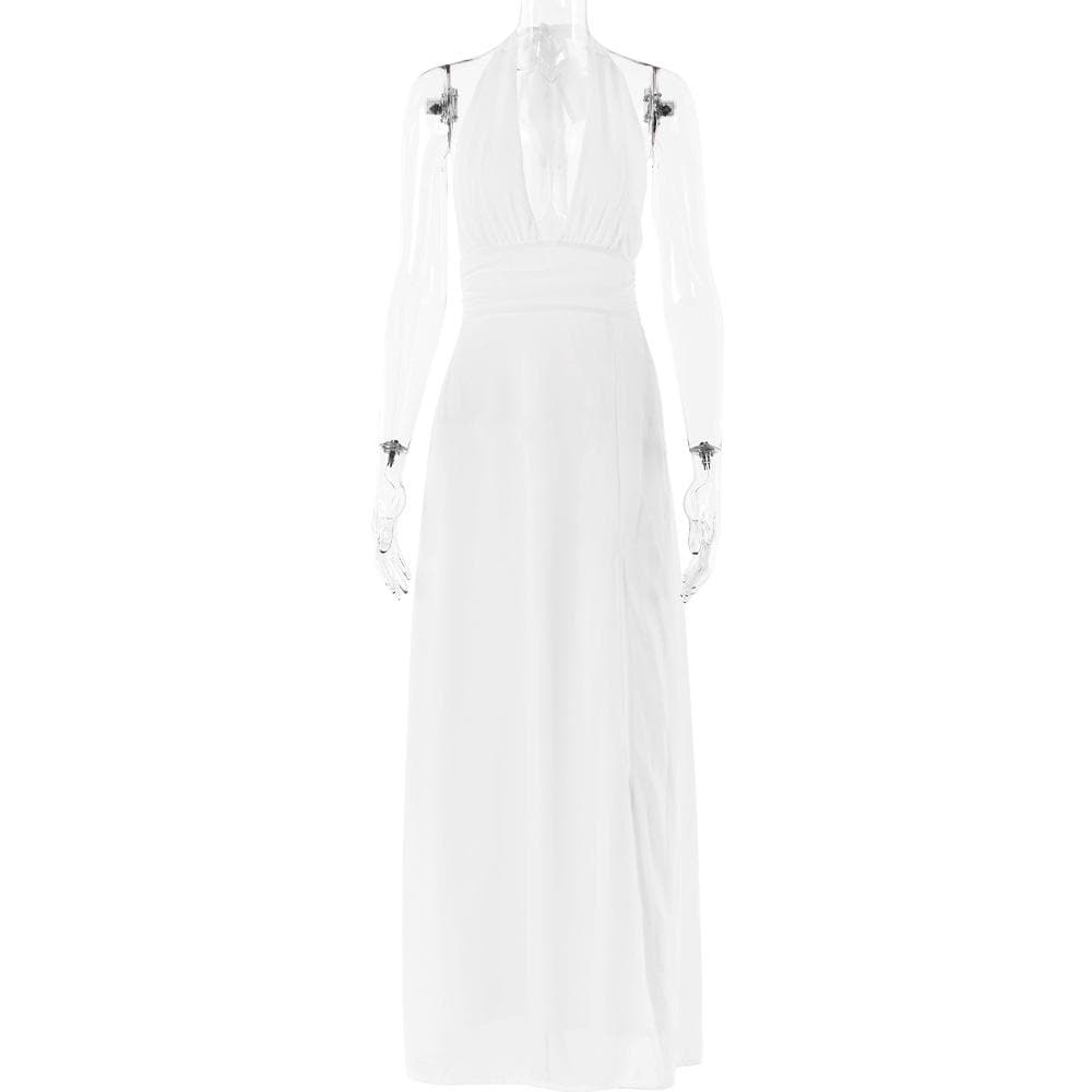 Halter deep v neck ruched high slit maxi dress