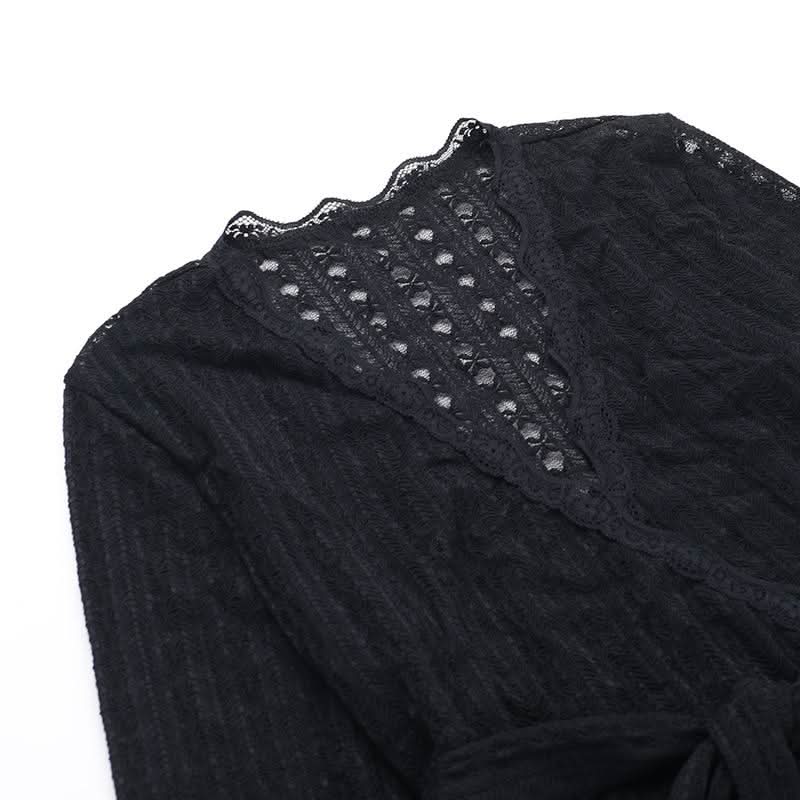 Long flared sleeve v neck lace hem knotted top
