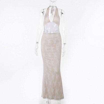 Halter v neck lace backless maxi dress