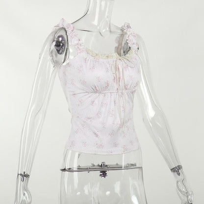 Flower print contrast sleeveless lace hem ruched top