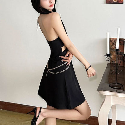 Halter hollow out metal chain gemstone pendant cut out mini dress