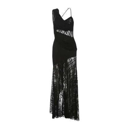 Irregular lace ruched solid cami maxi dress
