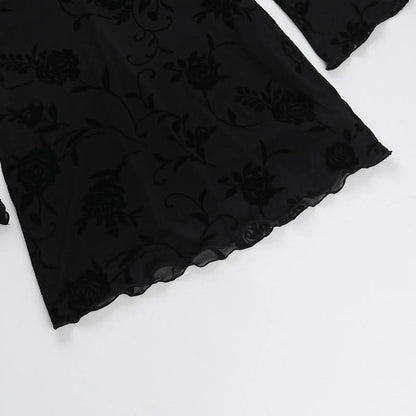 V neck long sleeve flower pattern mesh mini dress