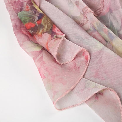 Chiffon flower print ruffle maxi skirt