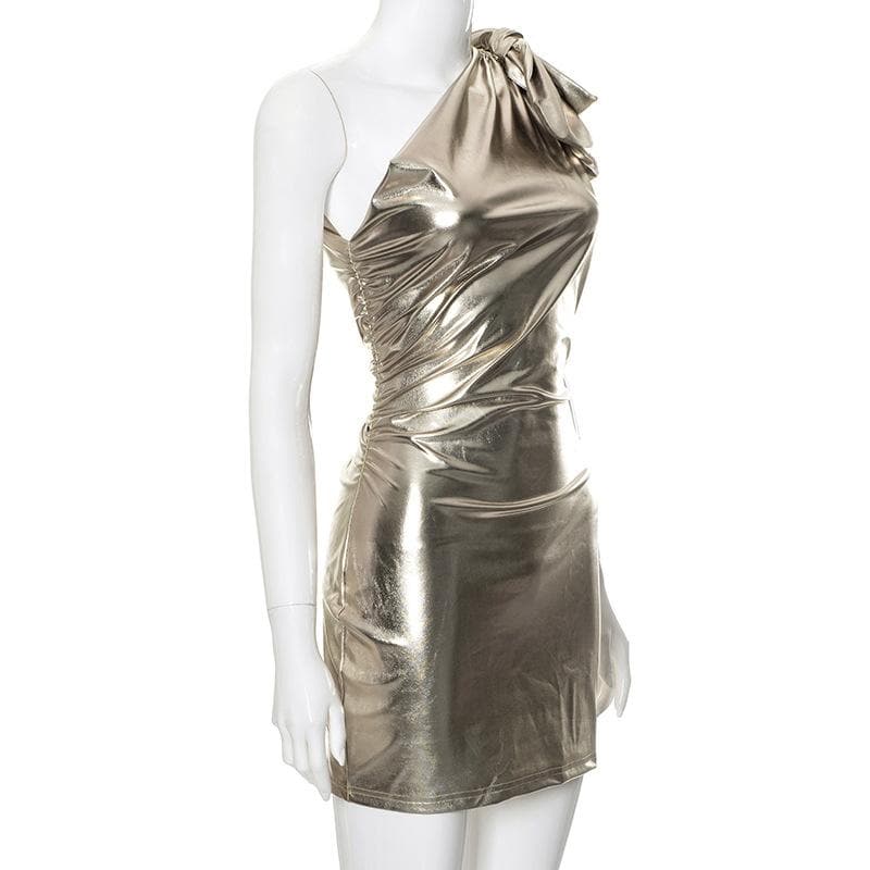 One shoulder bowknot metallic ruched mini dress
