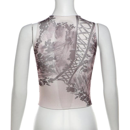 Sleeveless high neck print sheer mesh top