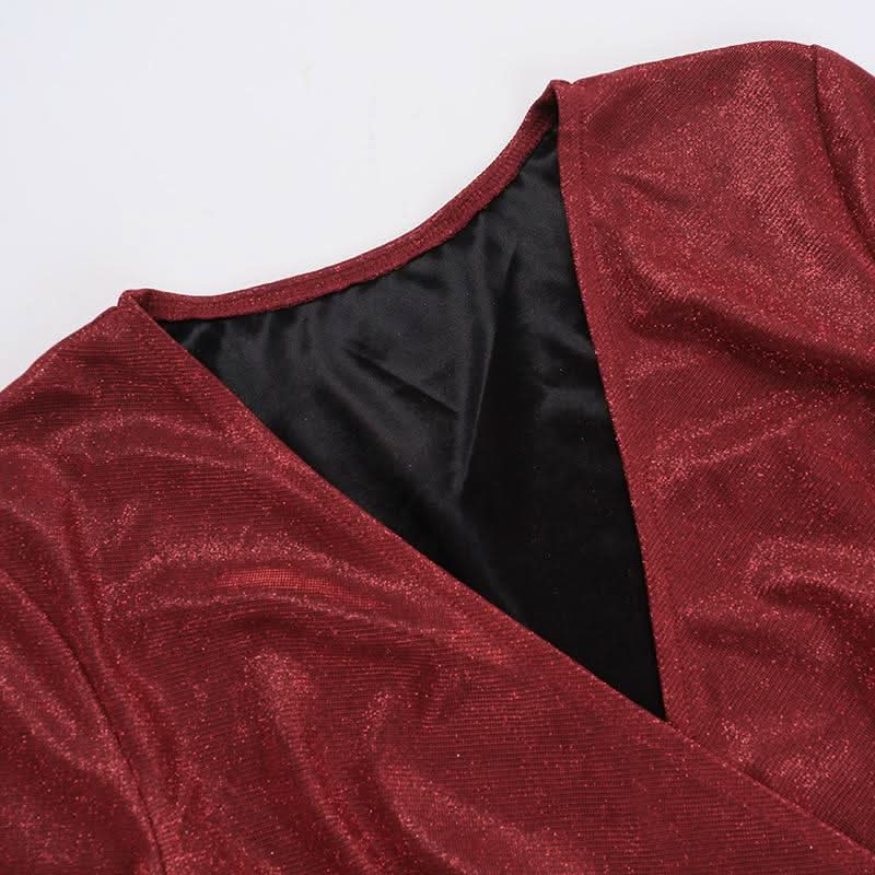 V neck long sleeve ruched slit glitter mini dress