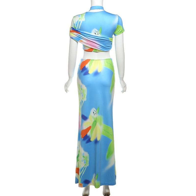 Short sleeve ruched contrast print maxi skirt set-final-sale