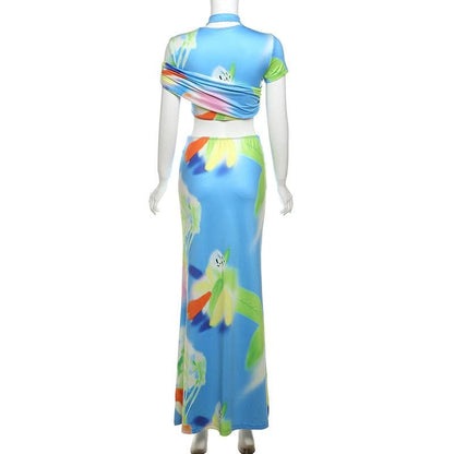 Short sleeve ruched contrast print maxi skirt set-final-sale