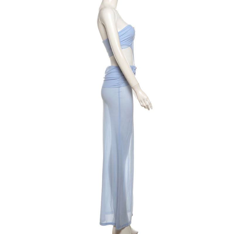 Hollow out slit ruched see through tube cut out maxi dress