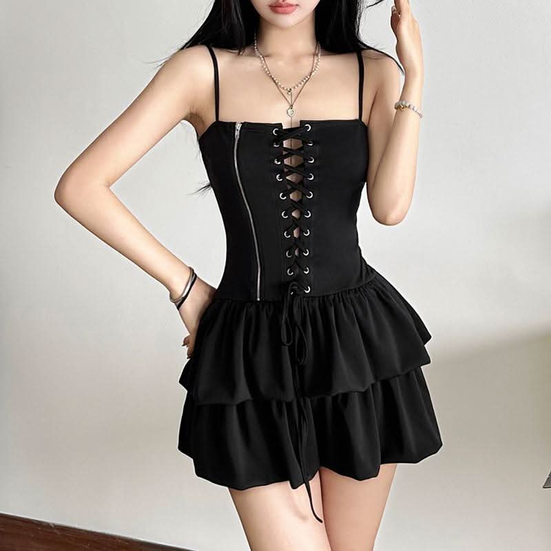 Lace up zip-up ruffle cami mini dress