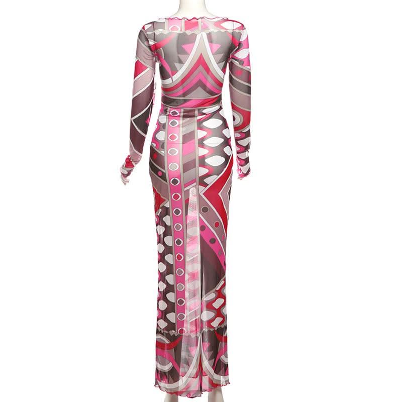 Long sleeve ruffle abstract mesh maxi dress