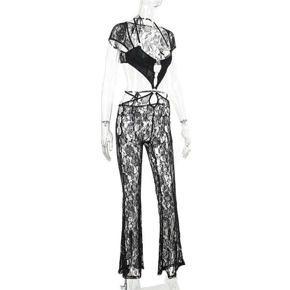 Short sleeve halter o ring lace hollow out jumpsuit