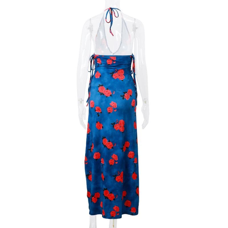 Halter Neck Side Lace Up Floral Print Bodycon Maxi Dress