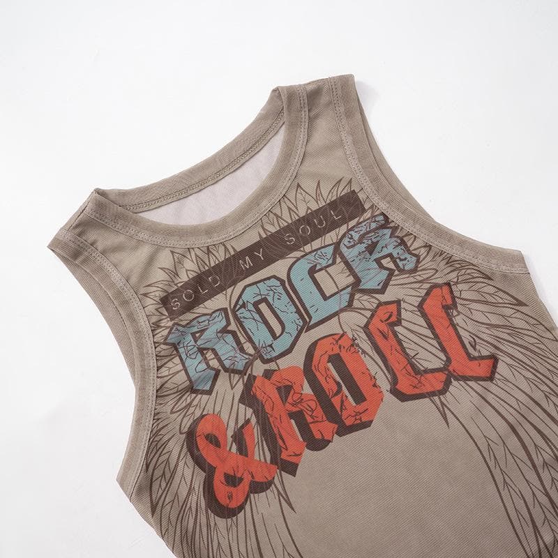 Sheer mesh letter print crewneck tank top