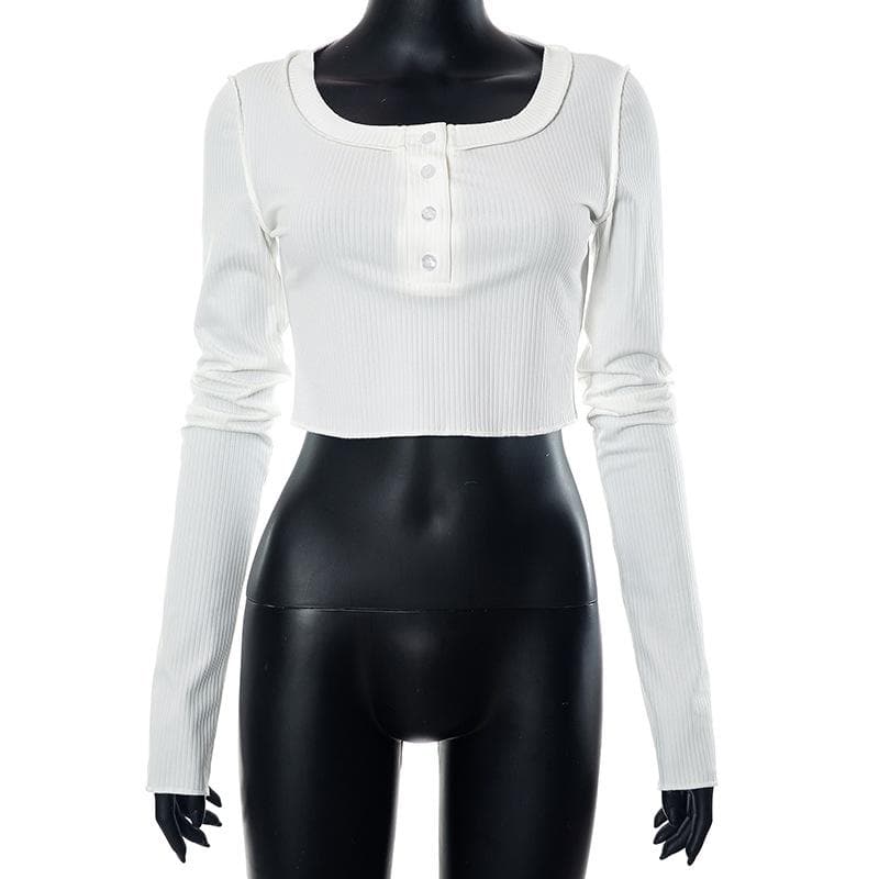 Button ribbed stitch long sleeve solid crop top
