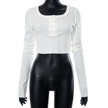 Button ribbed stitch long sleeve solid crop top