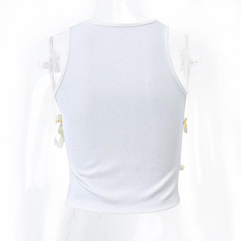 Sleeveless round neck lace up hollow out ribbed crop cut out top