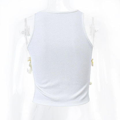 Sleeveless round neck lace up hollow out ribbed crop cut out top