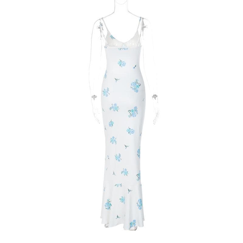 Spaghetti Strap V Neck Ruched Floral Print Mermaid Hem Maxi Dress