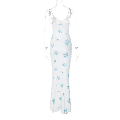 Spaghetti Strap V Neck Ruched Floral Print Mermaid Hem Maxi Dress