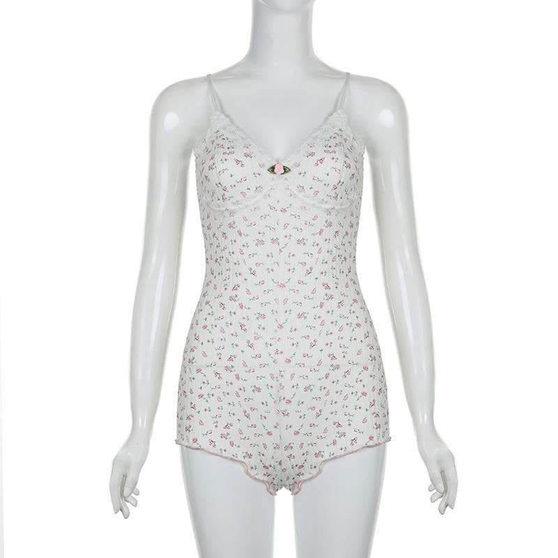 V neck textured flower print cami romper