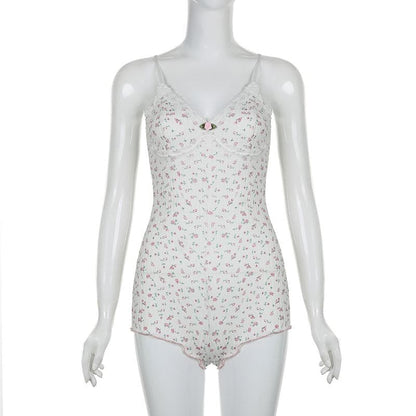 V neck textured flower print cami romper