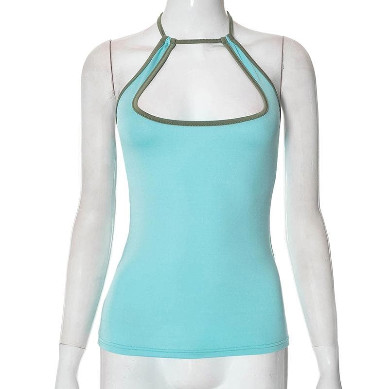 Halter contrast hollow out self tie backless cut out top