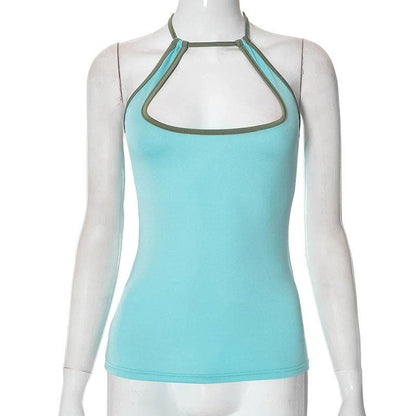 Halter contrast hollow out self tie backless cut out top
