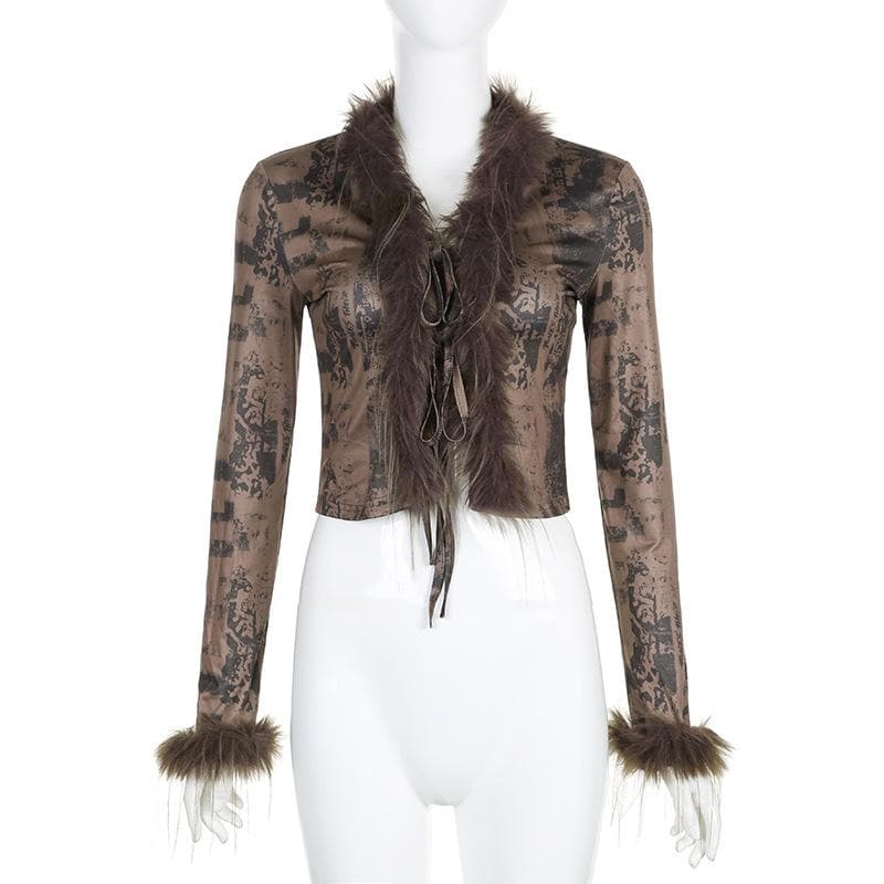 Feather patchwork long sleeve contrast self tie top