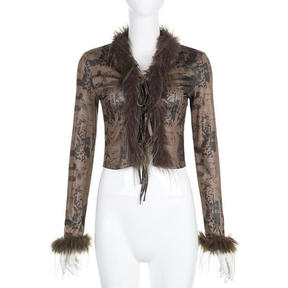 Feather patchwork long sleeve contrast self tie top