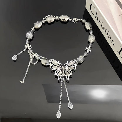 Butterfly beaded crystal pendant choker necklace