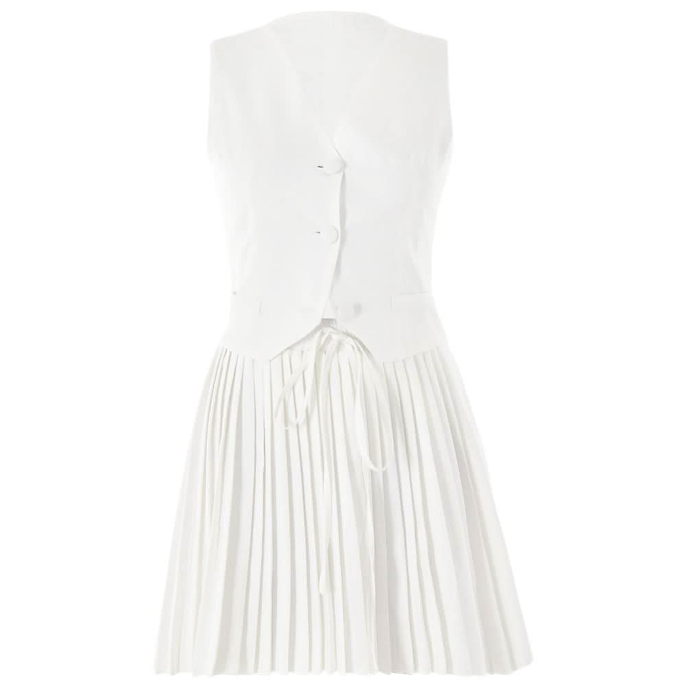 Pleated deep V neck button self tie solid mini skirt set