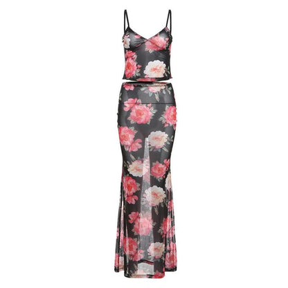 Sheer mesh flower print ruffle v neck cami skirt set