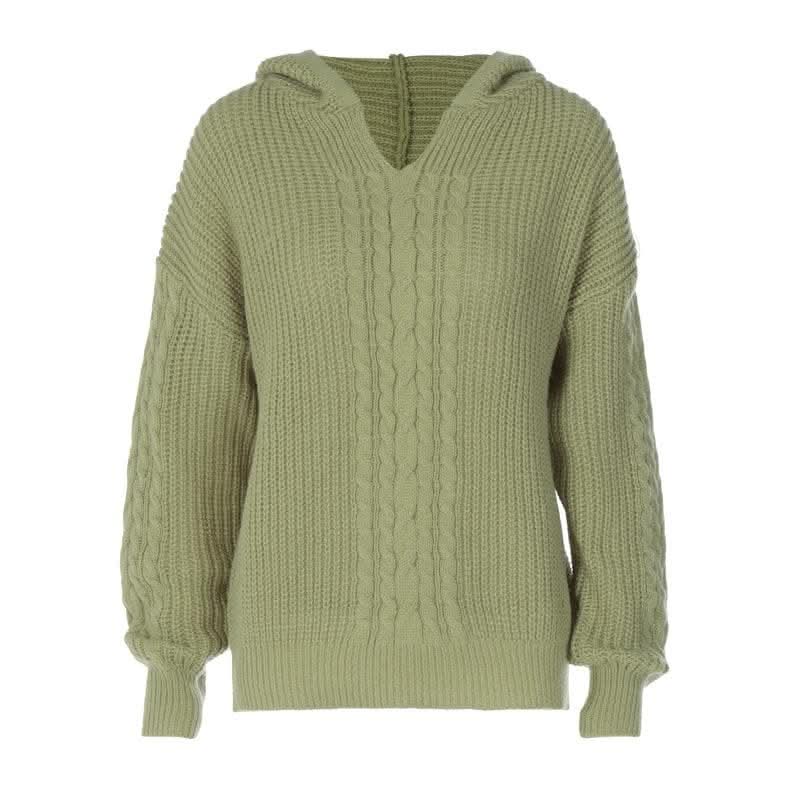 Hoodie long sleeve knitted solid v neck top-final-sale