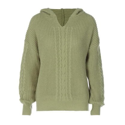 Hoodie long sleeve knitted solid v neck top-final-sale