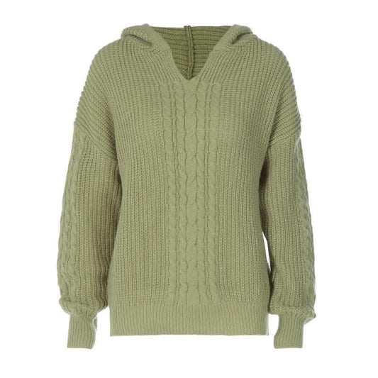 Hoodie long sleeve knitted solid v neck top-final-sale