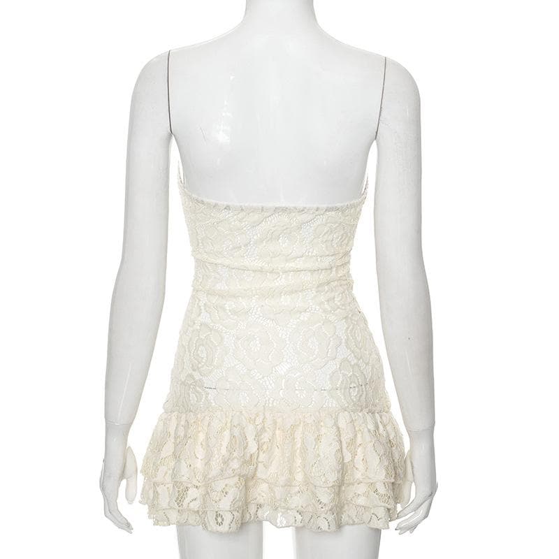Lace ruffle sweetheart neck tube mini dress